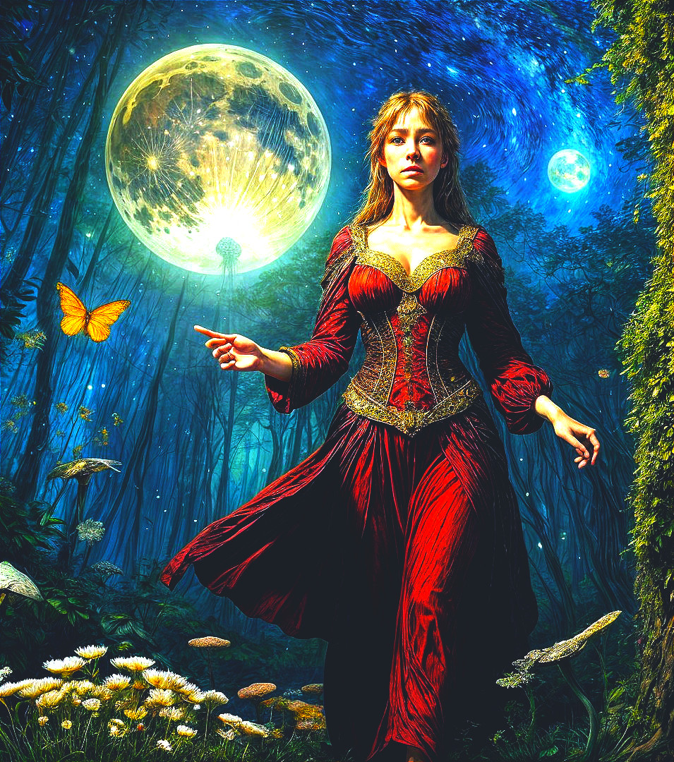 Young Woman in Red Gown in Mystical Moonlit Forest
