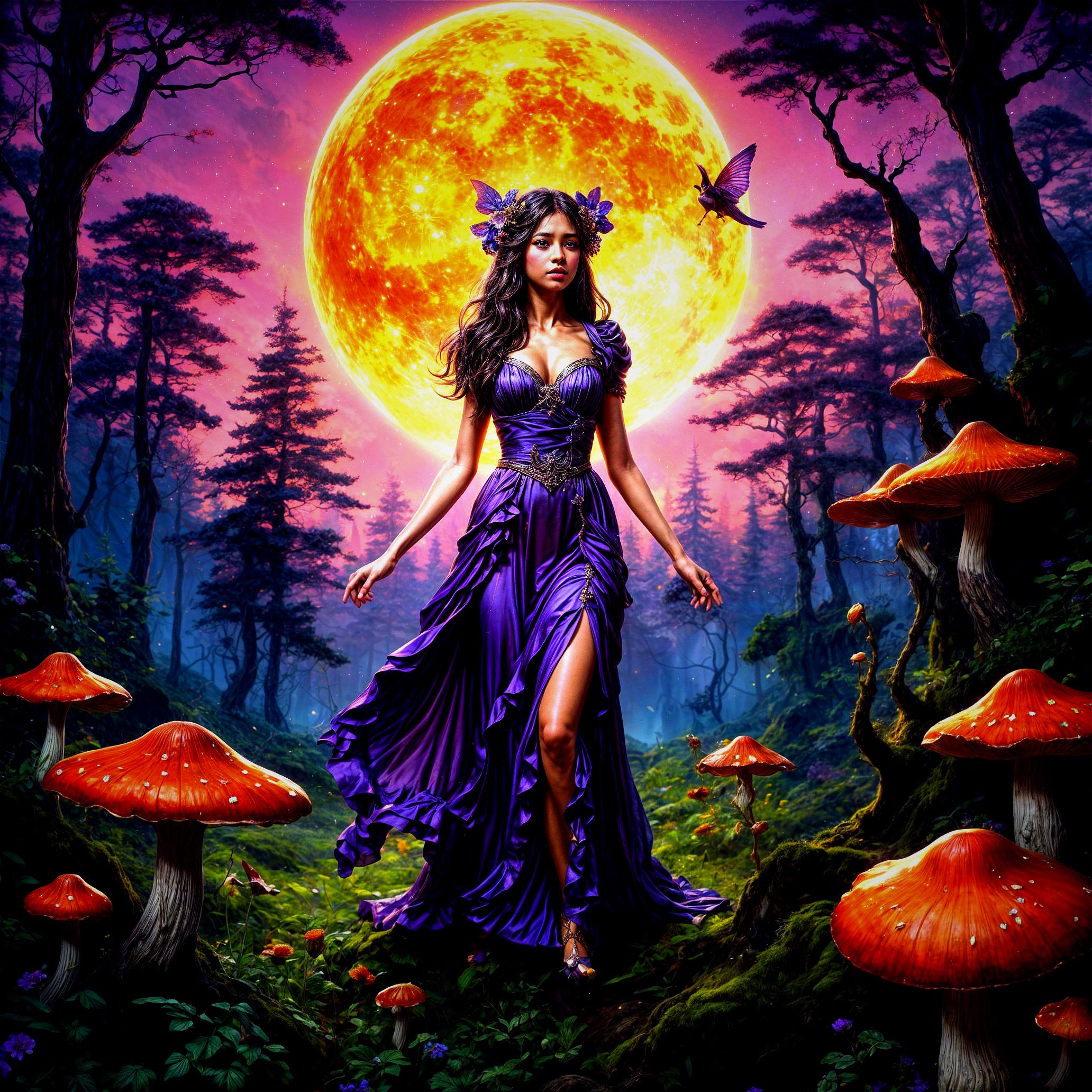 Mystical Woman in Purple Gown in Enchanted Forest