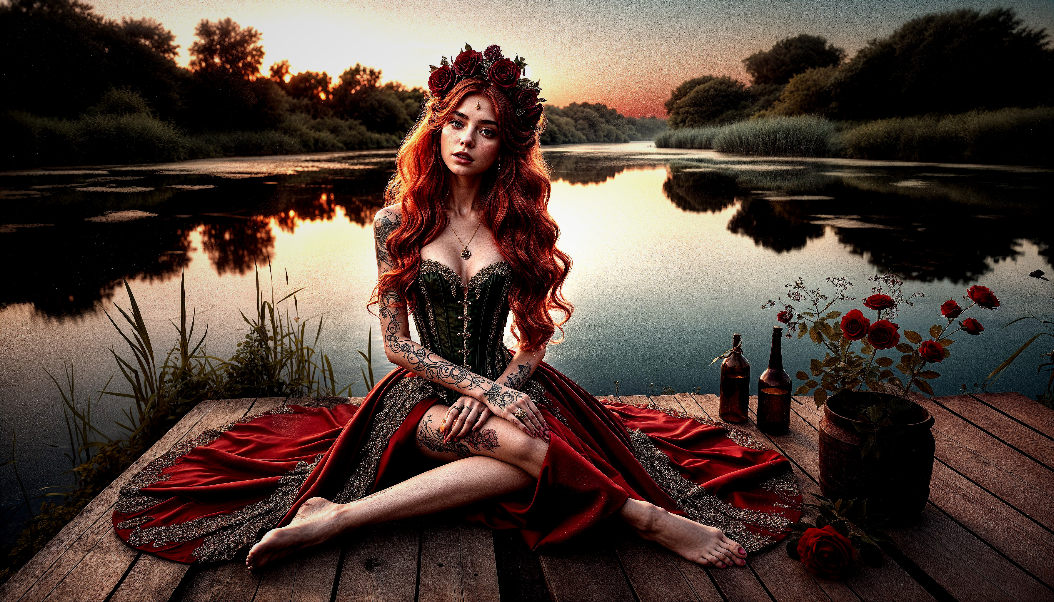Twilight Scene with Woman in Red Gown by Lake