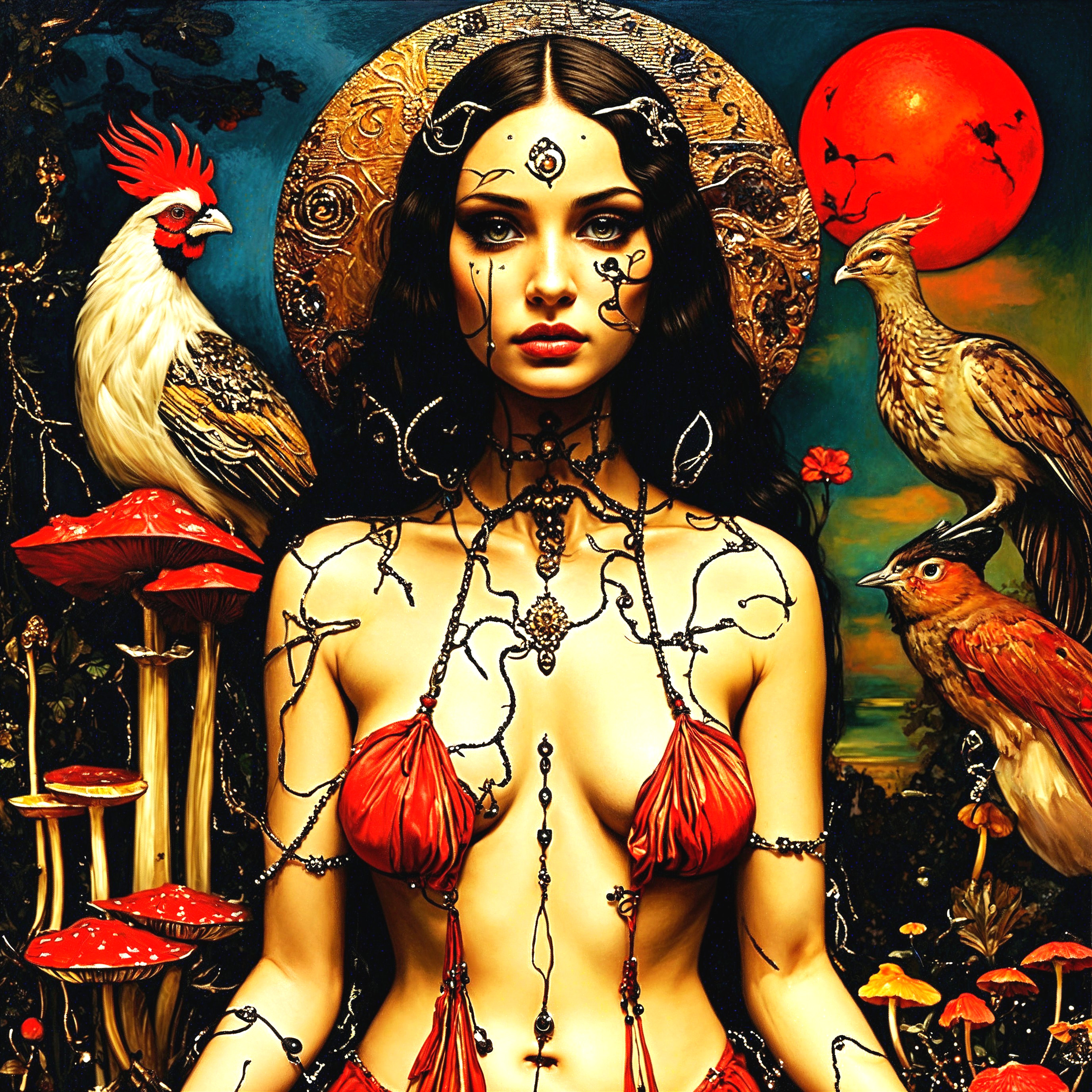 Mystical Woman with Body Art in Vibrant Nature Scene