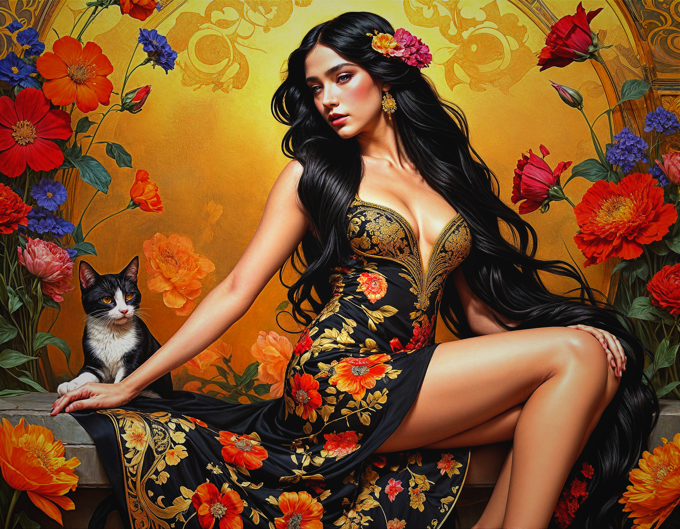 Portrait of a woman in a black dress with flowers