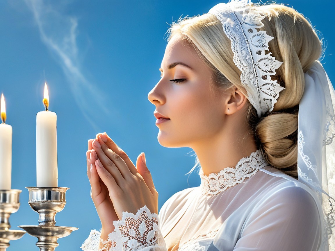 Young Woman in White Lace Praying with Candles