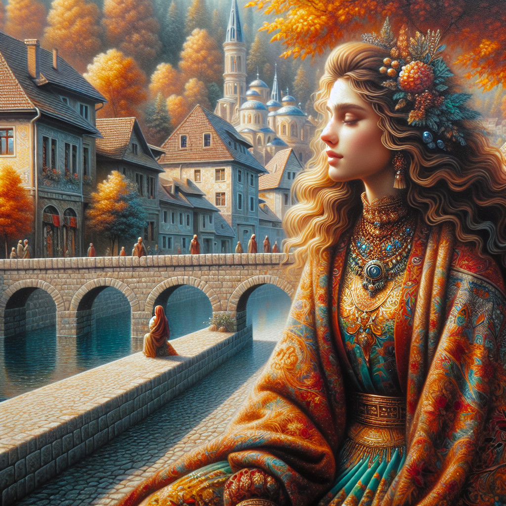 Autumn Scene with Young Woman by Serene River
