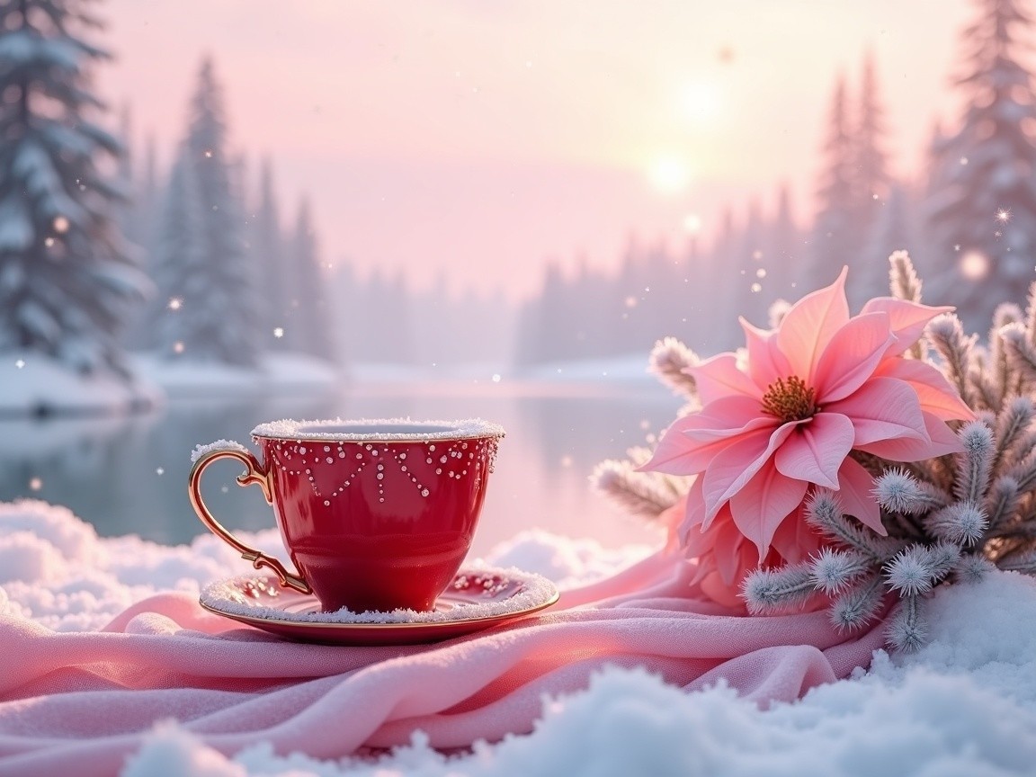 Red Cup on Snow with Pink Flower and Winter Landscape