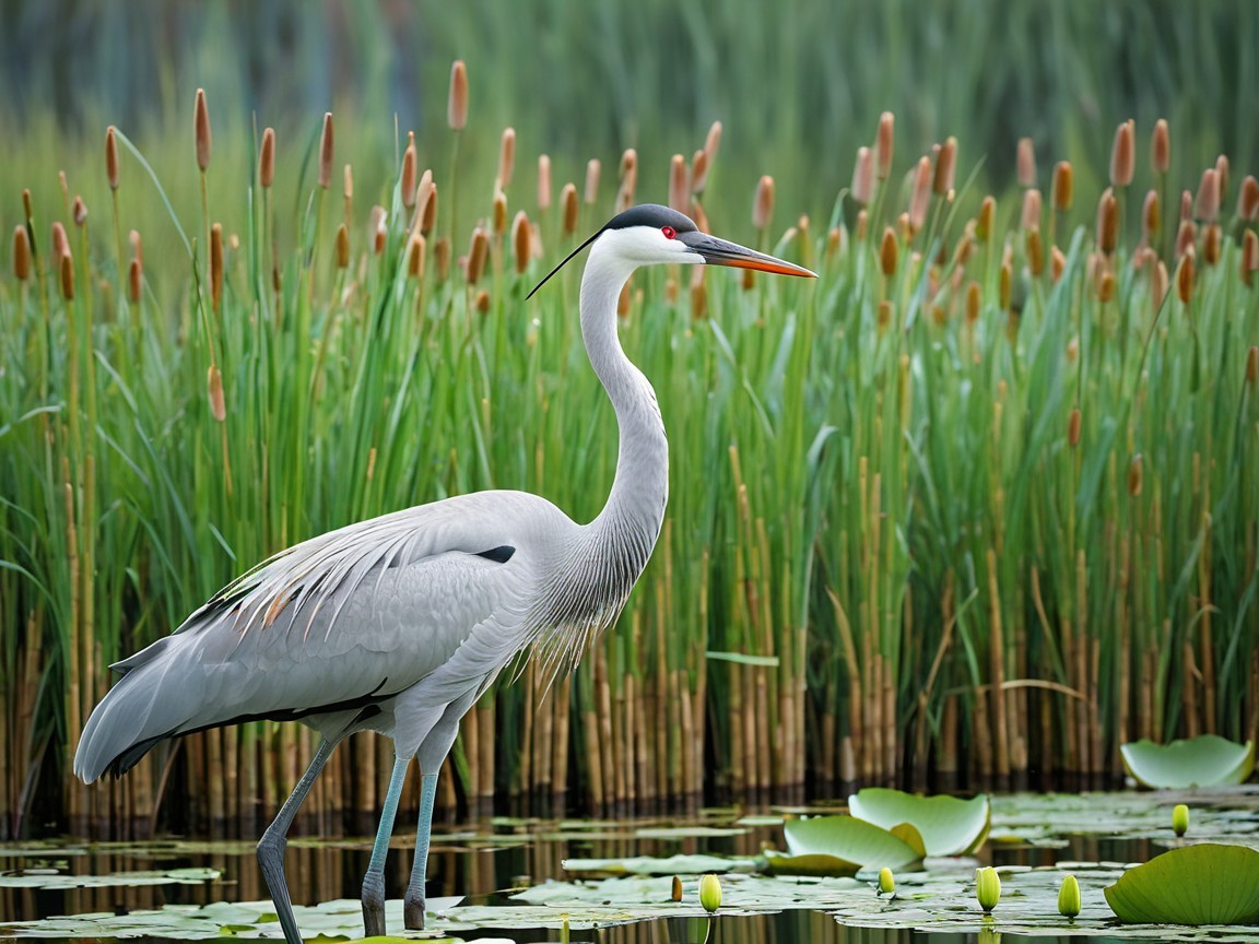 Heron in a Serene Wetland with Lush Greenery
