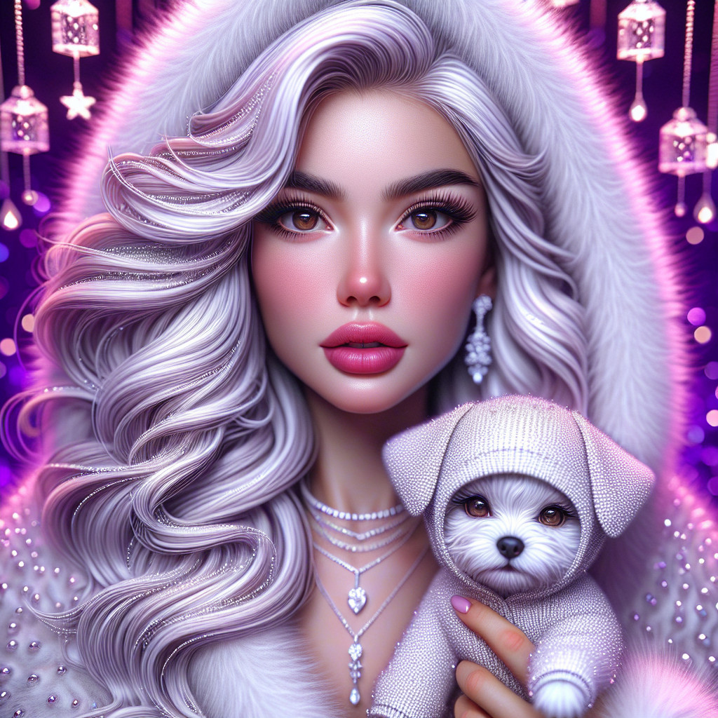Glamorous Young Woman in Fur Coat with Sparkly Dog