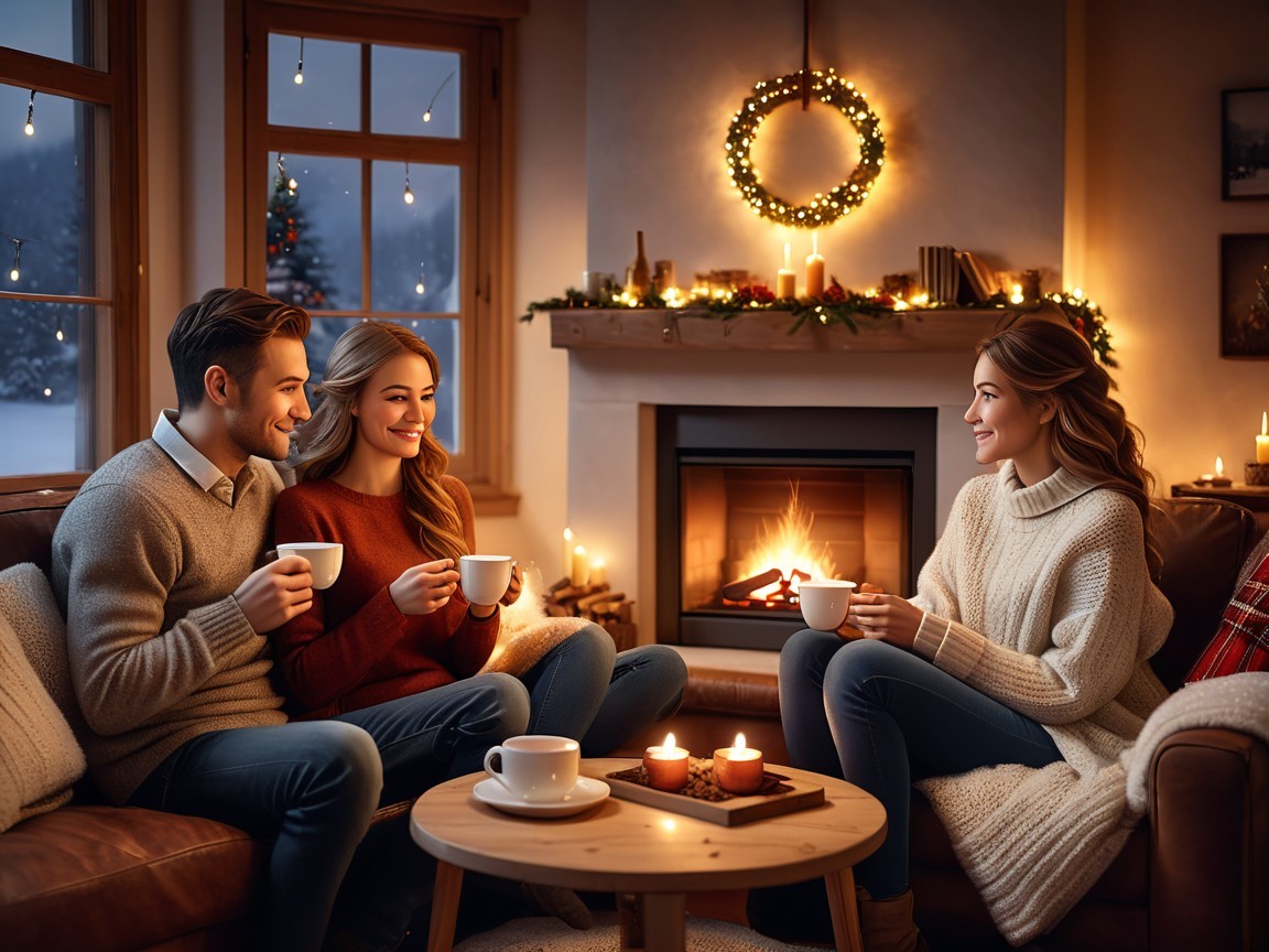 Cozy Living Room with Festive Decorations and Friends