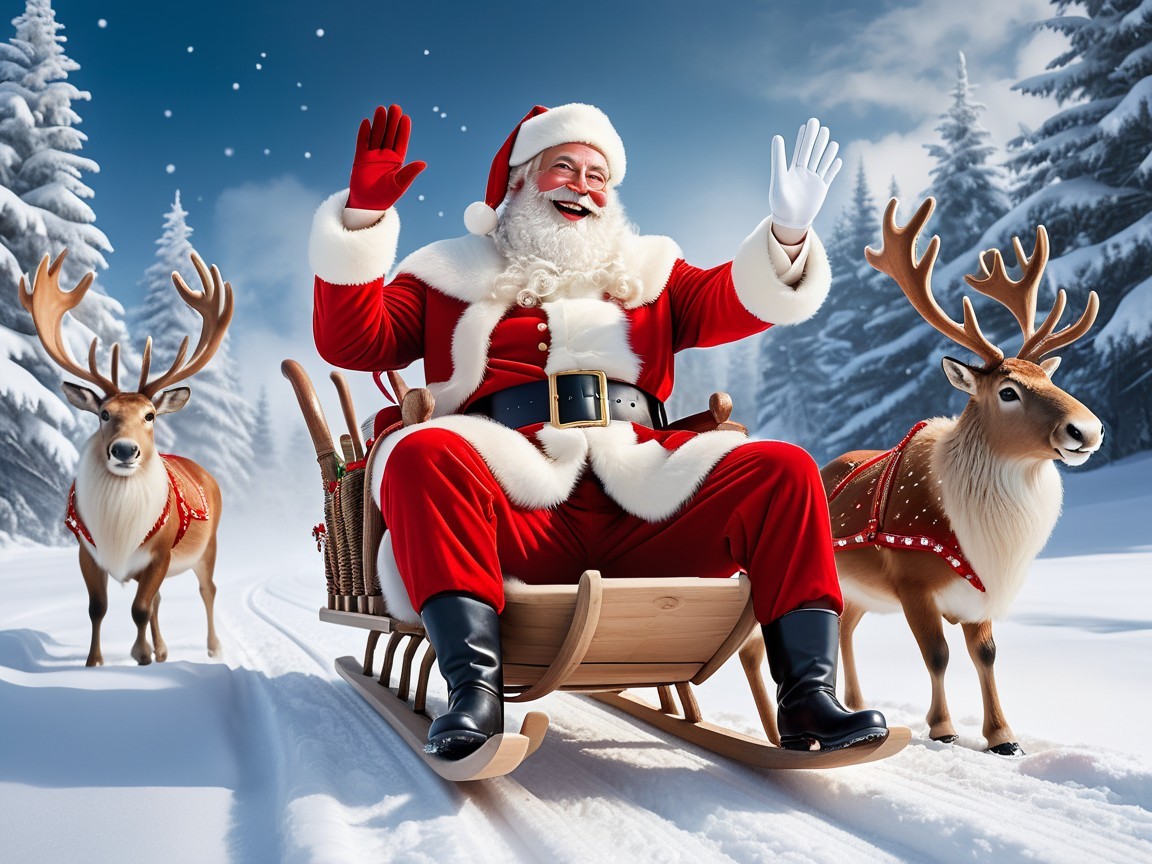 Santa Claus on Wooden Sleigh in Winter Landscape