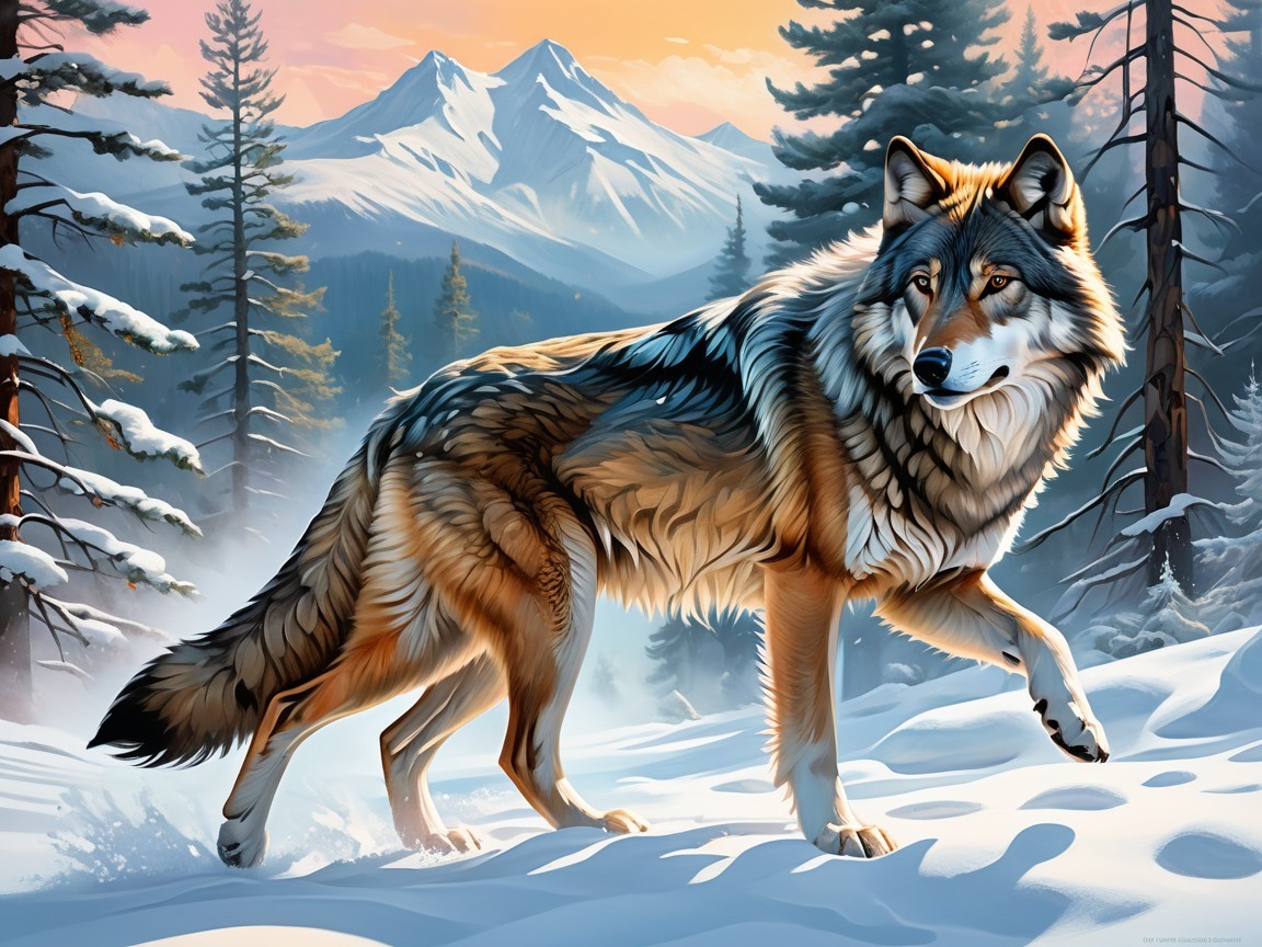 Wolf in Snowy Forest at Sunset with Mountains