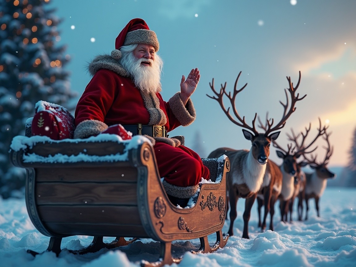 Santa Claus in Sleigh with Reindeer in Snowy Scene