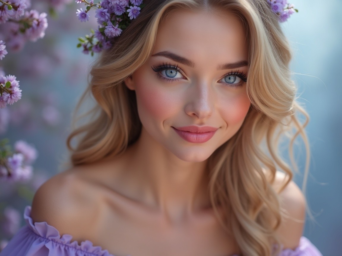 Young woman with blonde hair and purple flowers