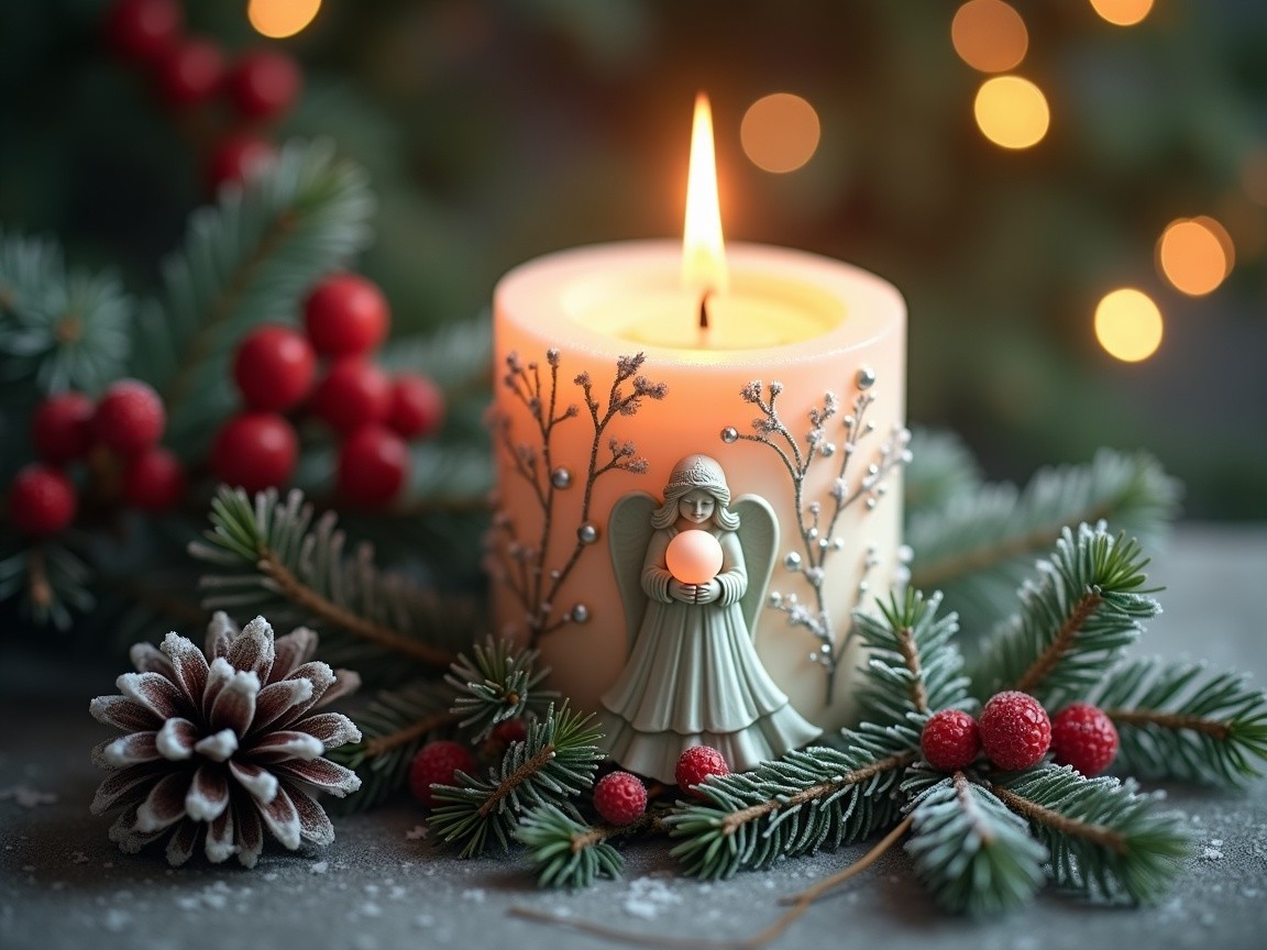 Candle with Angel Figurine Surrounded by Holiday Decor
