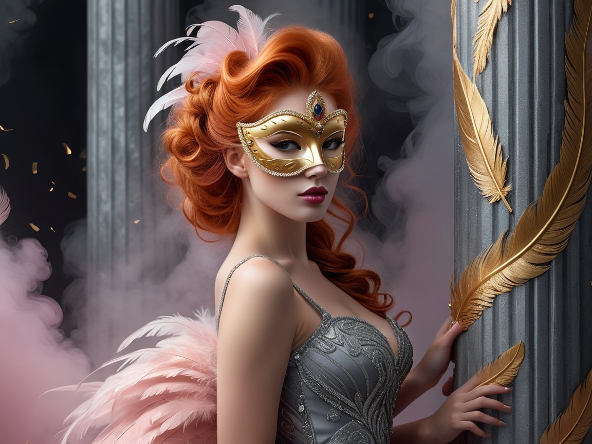 Elegant Woman in Silver Dress with Feathered Mask