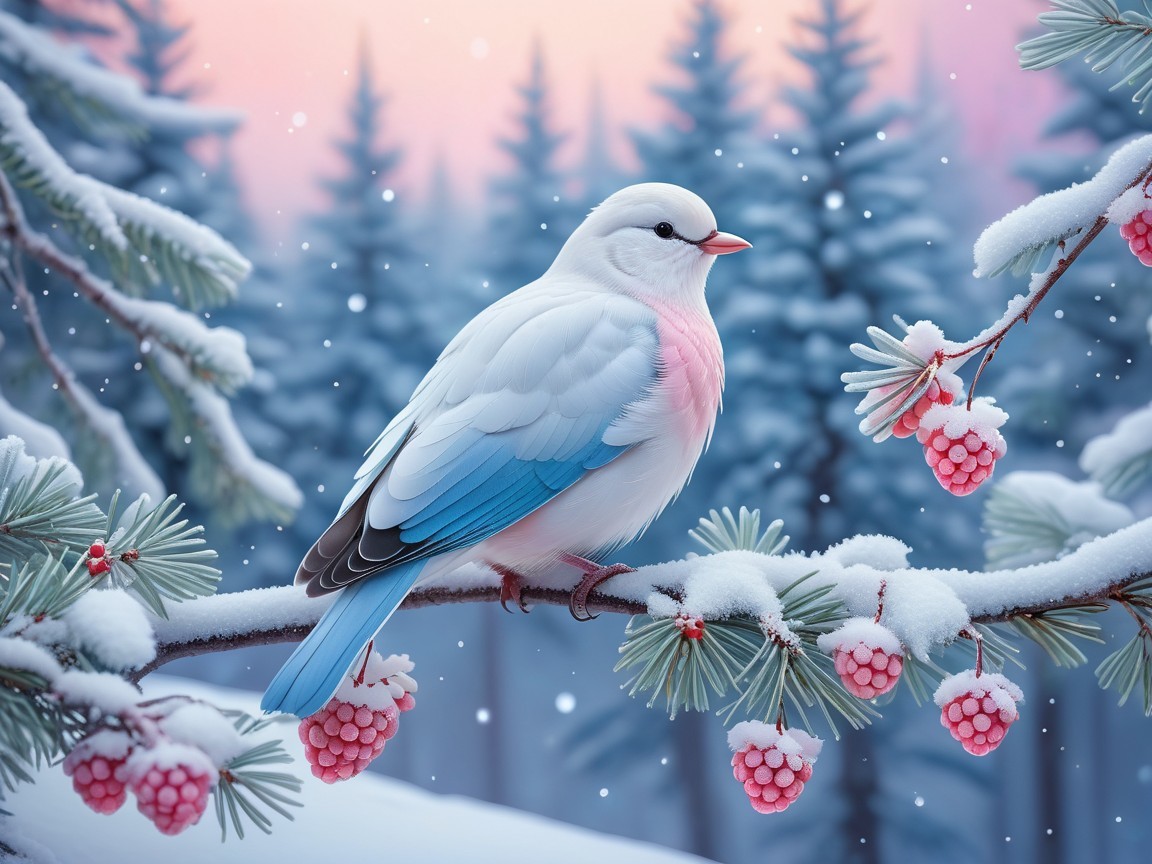 Bird on Snowy Branch with Red Berries at Dawn