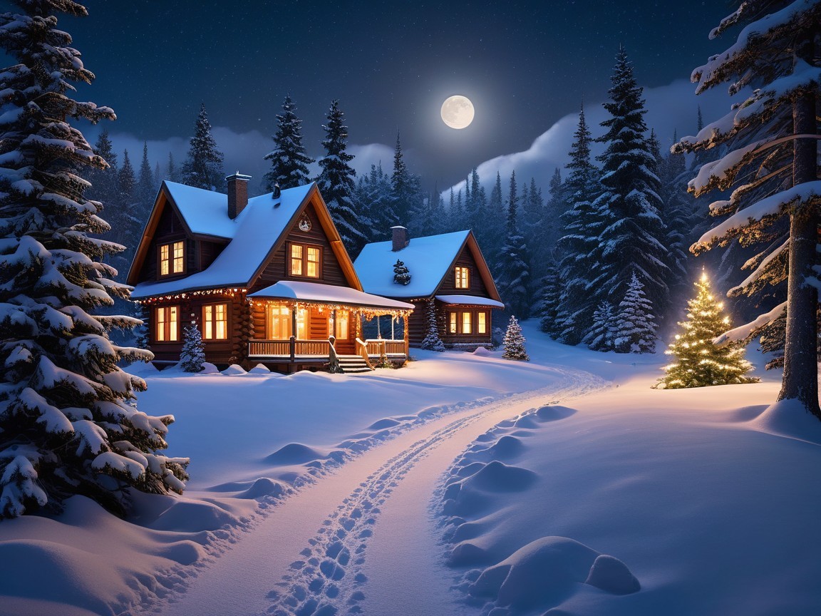 Snowy Night Landscape with Cozy Cabin and Moonlight