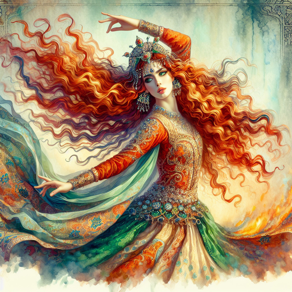 Elegant figure in patterned dress with flowing red hair