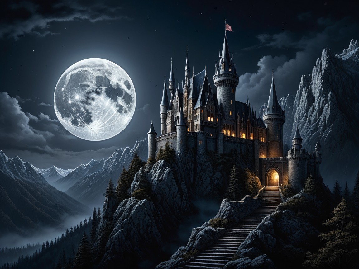 Castle on Rocky Mountain Under Full Moon Light