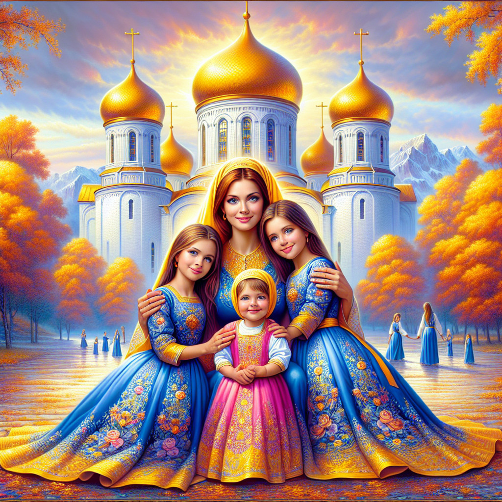 Mother and Daughters in Colorful Traditional Dresses