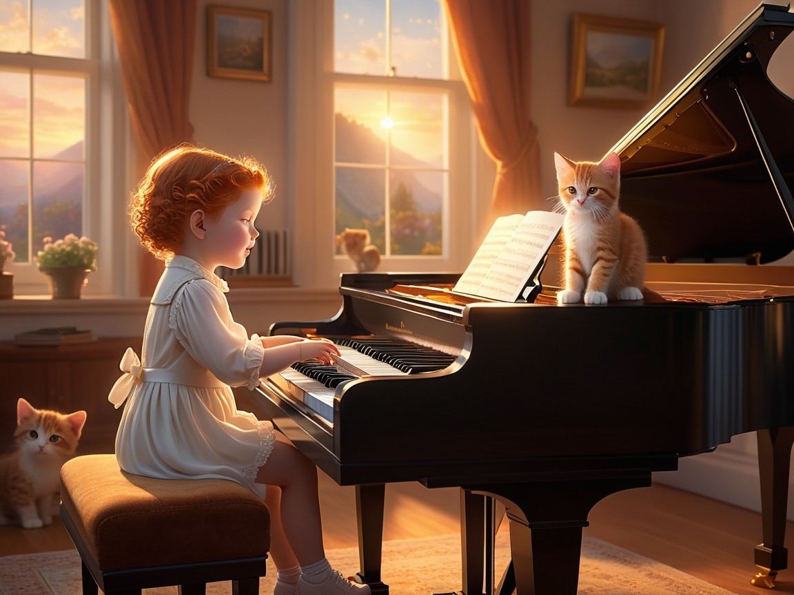 Young girl playing piano with kittens in sunny room