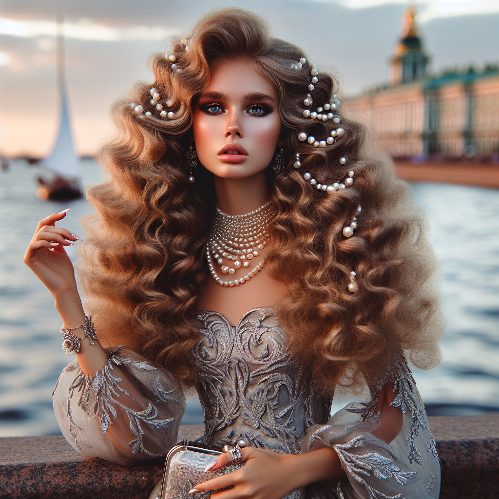 Elegant Woman in Silver Gown by Water with Pearls