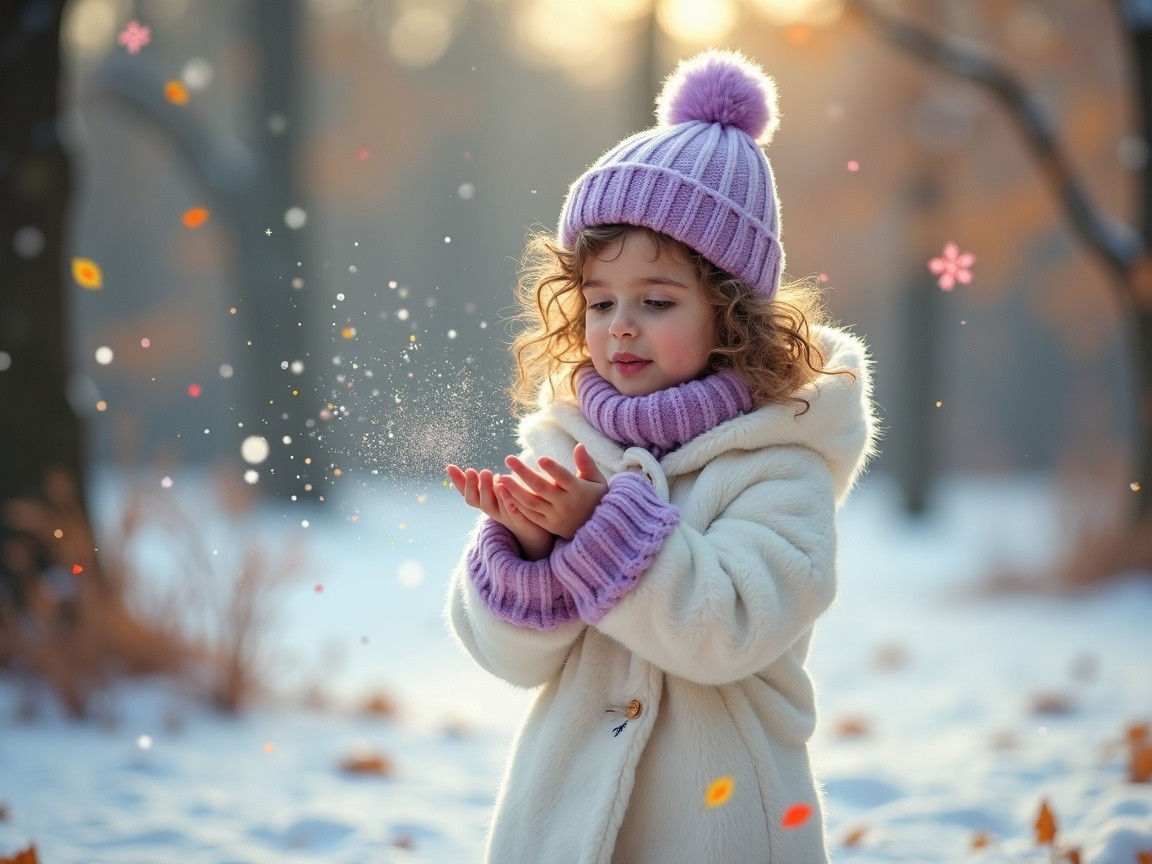 Young girl in winter coat captures snowflakes outdoors