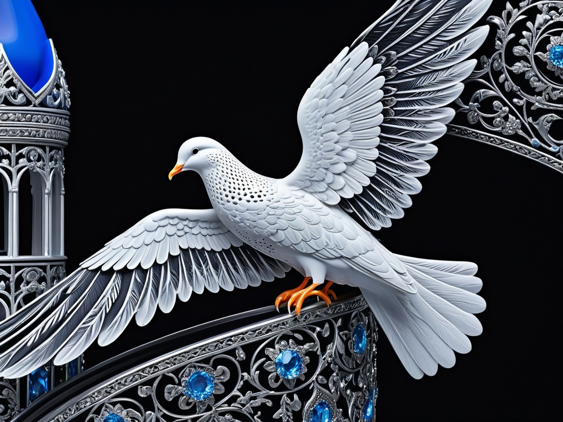 White Dove on Silver Structure with Blue Gemstones