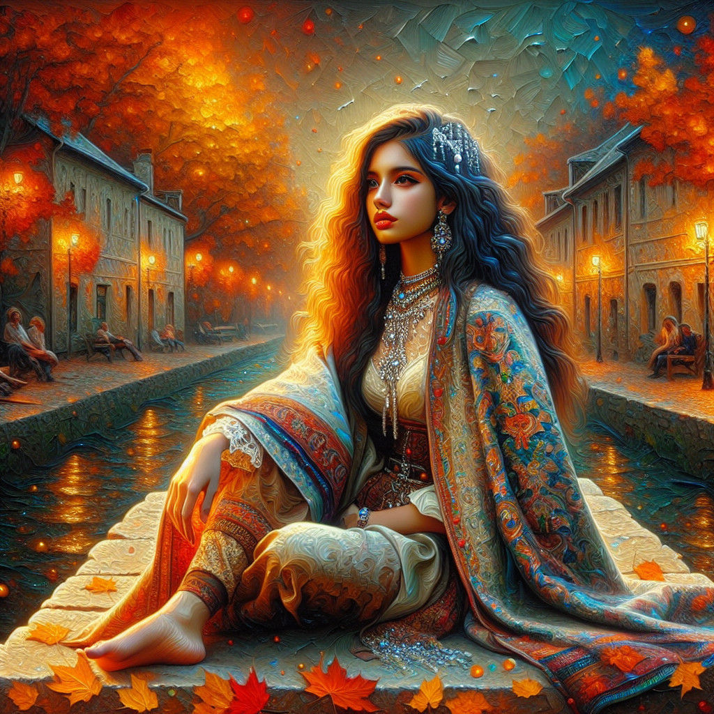 Young Woman in Flowing Garment by Tranquil Canal