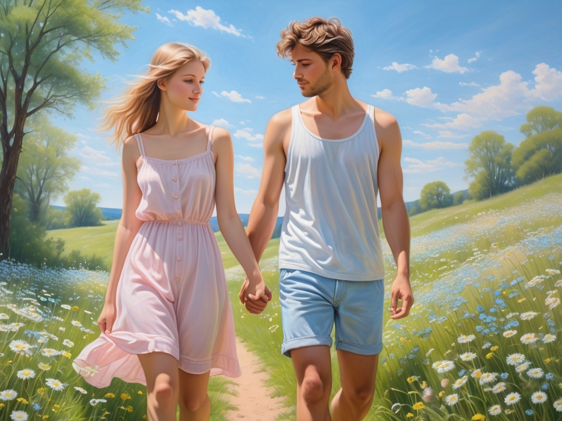 Young couple in a meadow with blooming flowers