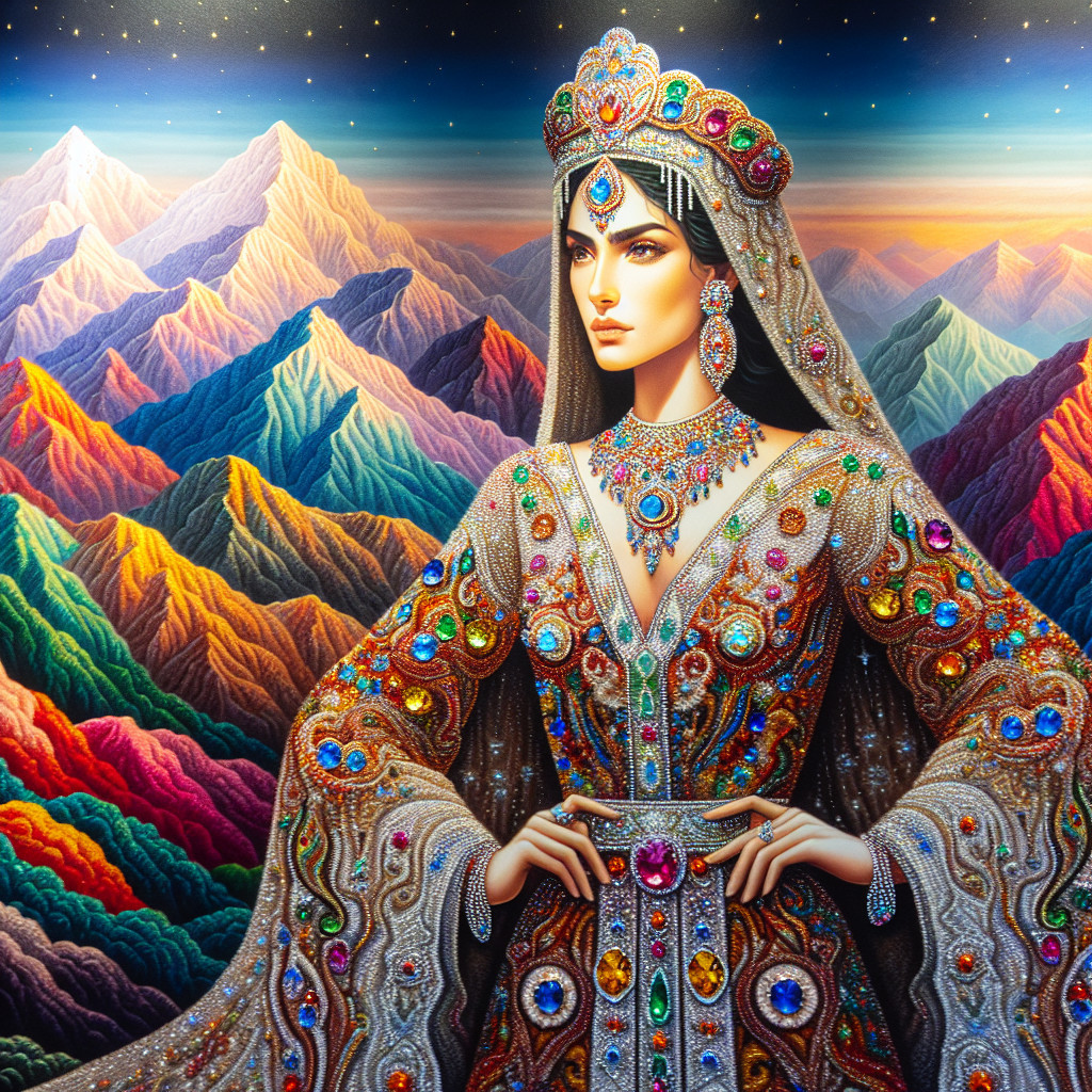 Regal Woman in Jewel-Encrusted Gown Against Mountains