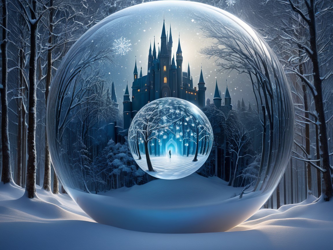 Snow Globe with Winter Castle and Snowy Landscape