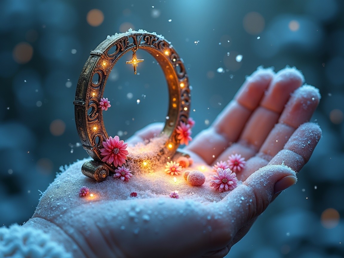 Ornate ring surrounded by flowers and snowflakes