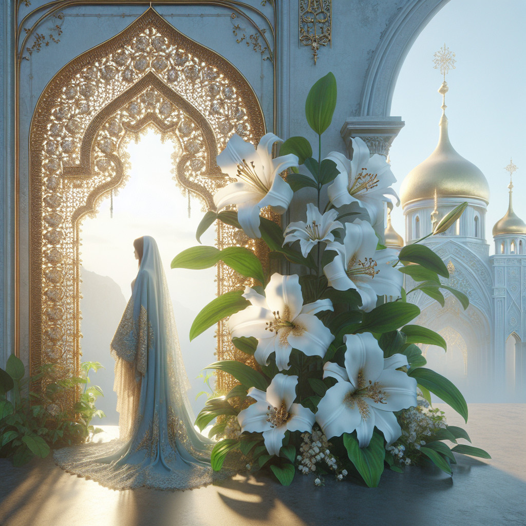 Ethereal Figure at Ornate Arched Entrance with Lilies