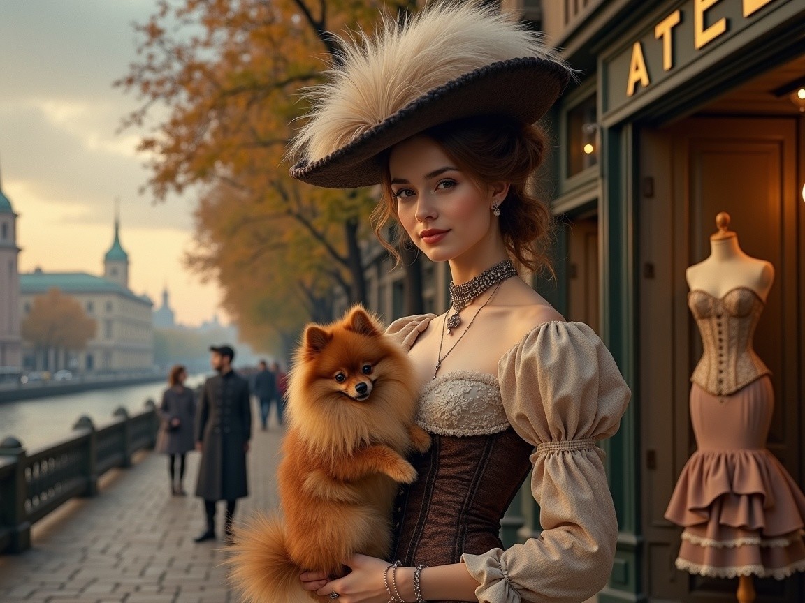 Vintage Fashion by Canal with Autumn Trees and Dog