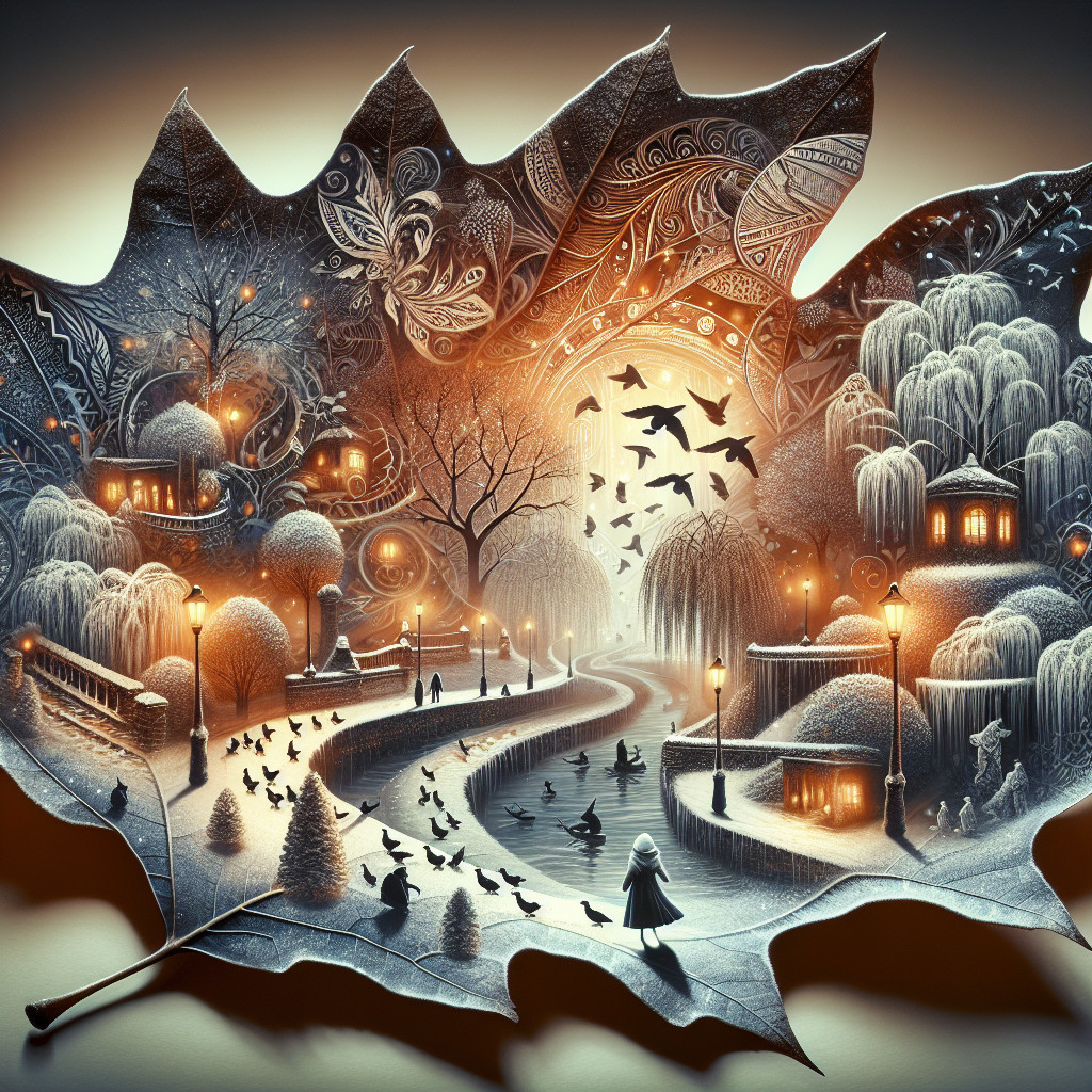 Intricate Autumn Leaf with Miniature Tranquil Scene