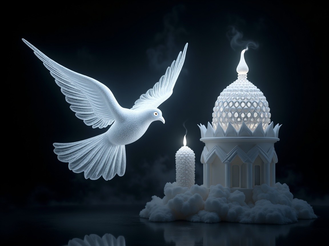 Translucent Dove in Flight Above Ornate Dome Structure