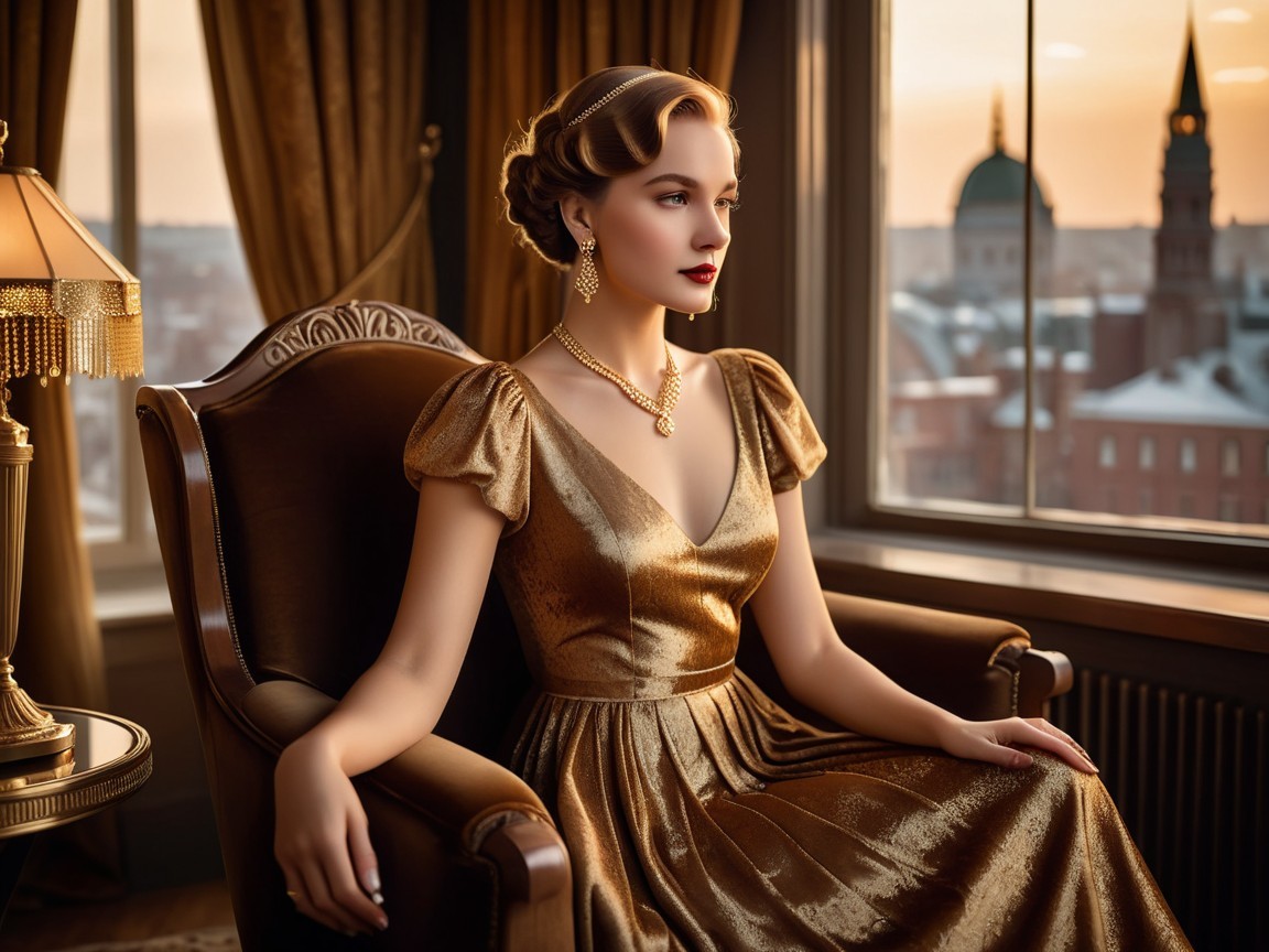 Glamorous Woman in Gold Dress in Elegant Room