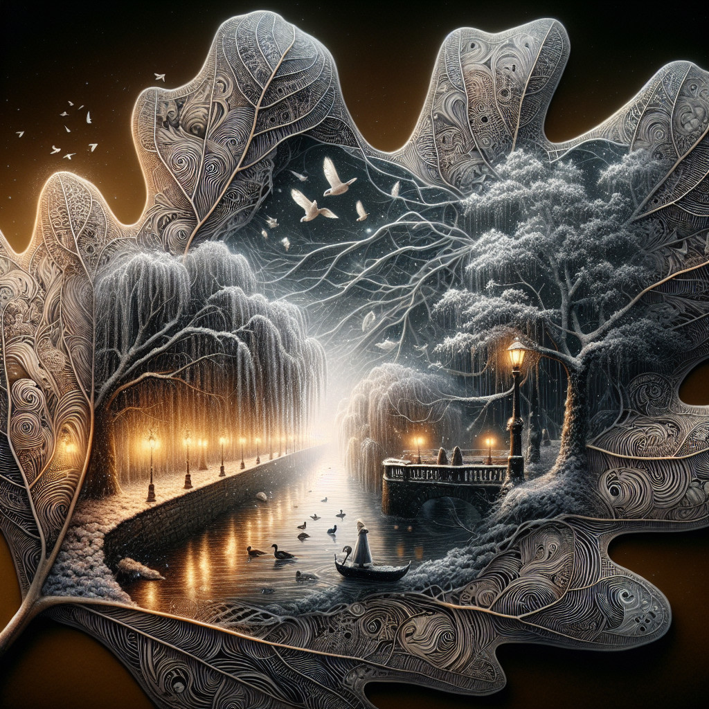 Intricately Carved Leaf Depicting a Winter Scene