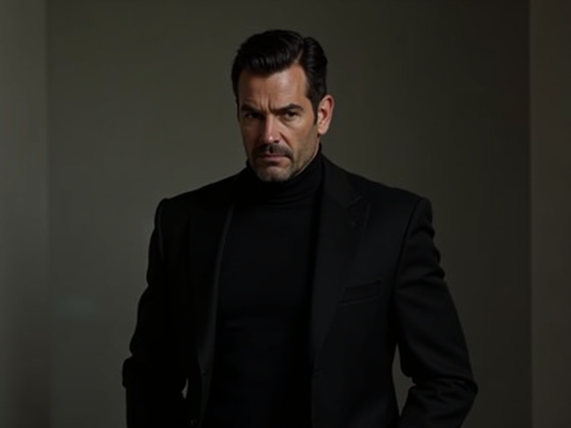 Confident Man in Black Suit Against Neutral Background