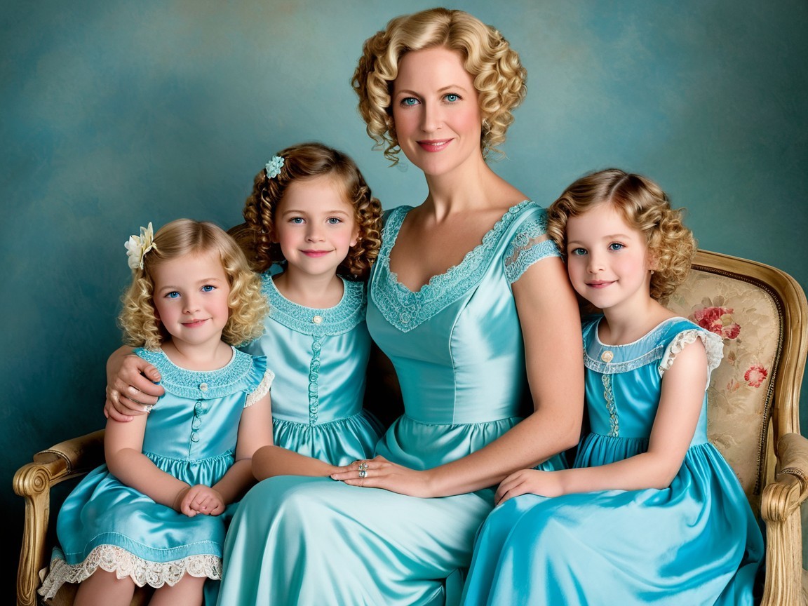 Mother and Daughters in Matching Light Blue Dresses
