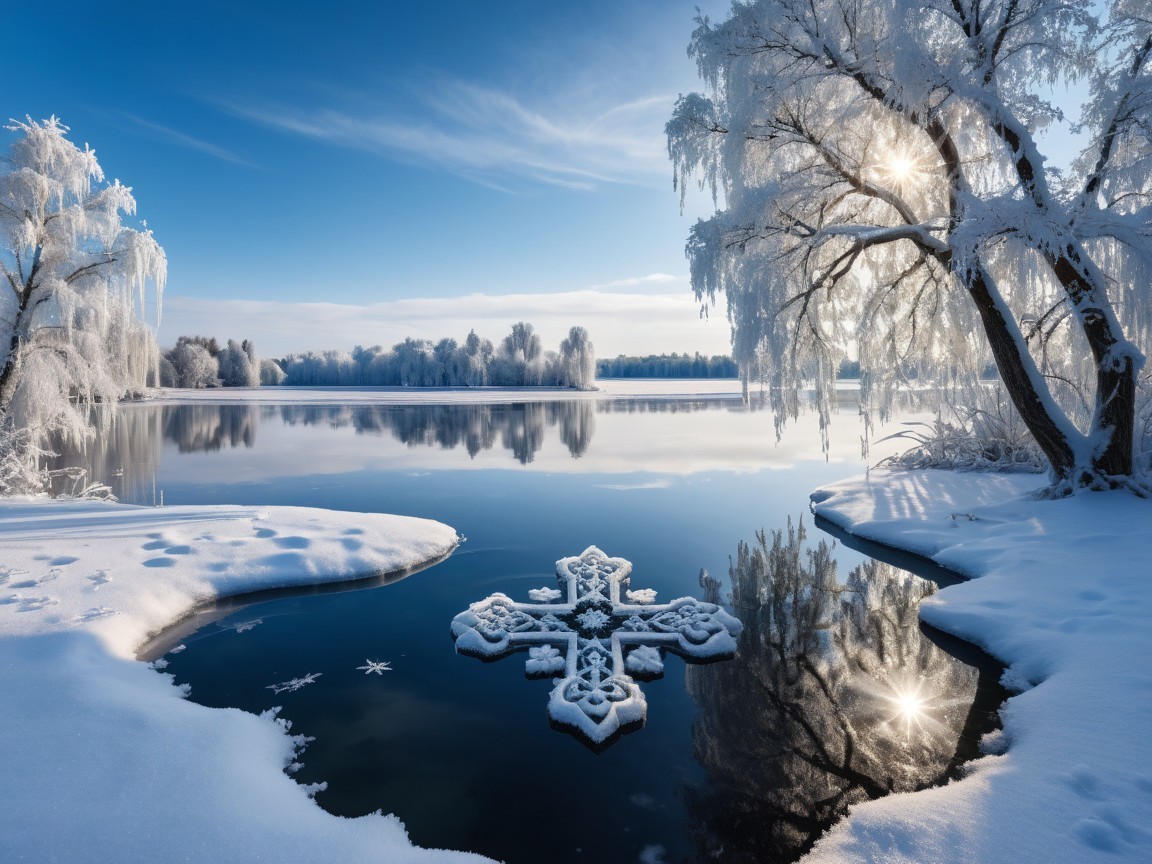 Serene Winter Landscape with Frosted Lake and Trees