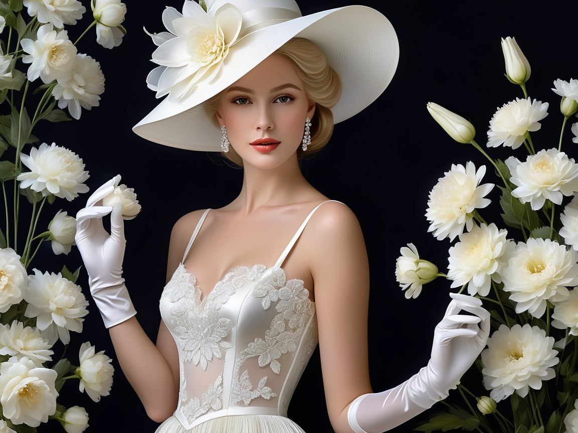 Elegant Woman in White Gown with Floral Hat and Peonies