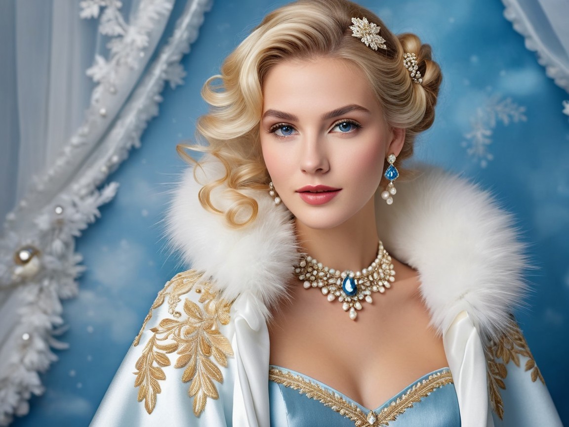 Glamorous Woman in Light Blue Gown and Fur Cape