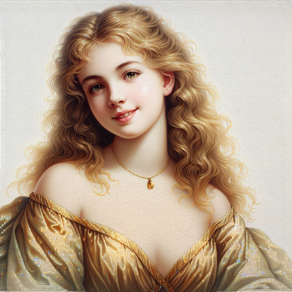 Young Woman in Elegant Off-Shoulder Golden Dress