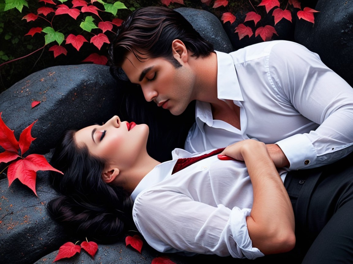 Couple Embraced on Black Stones Surrounded by Red Leaves