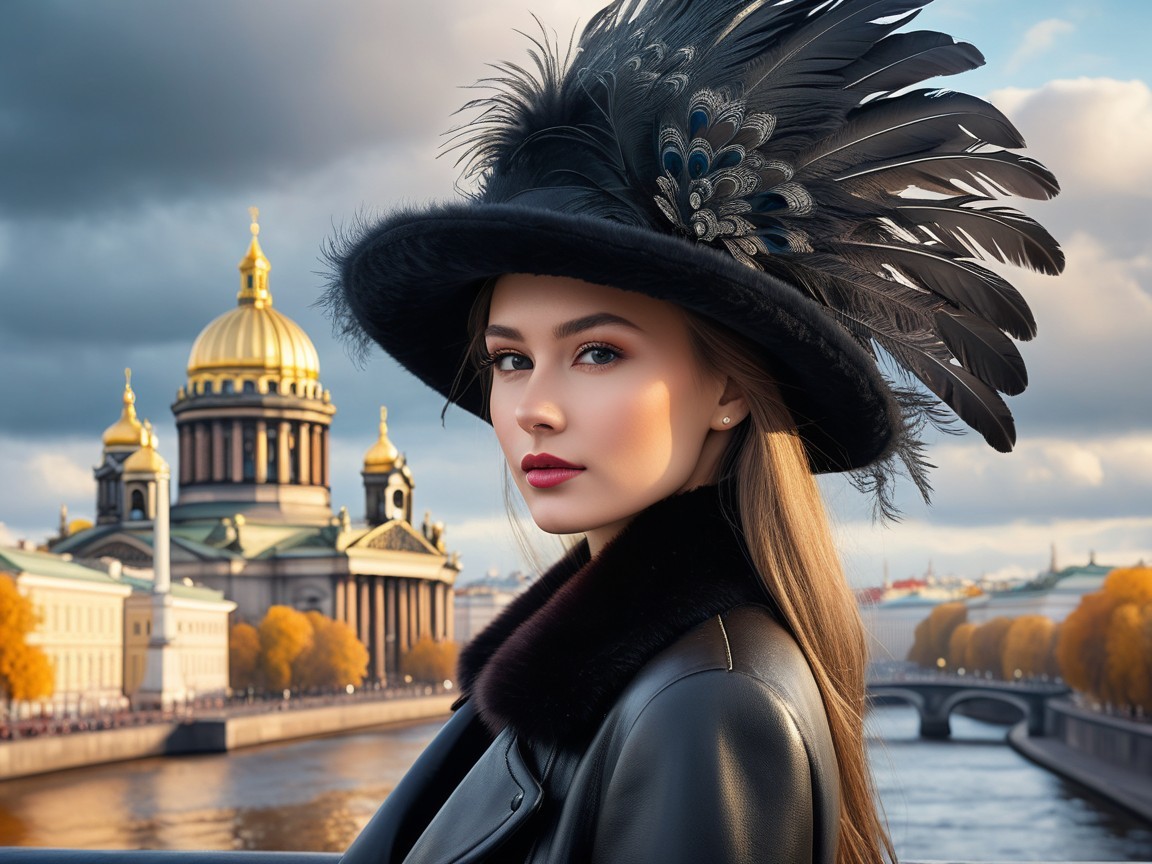 Young woman in black hat against cityscape backdrop