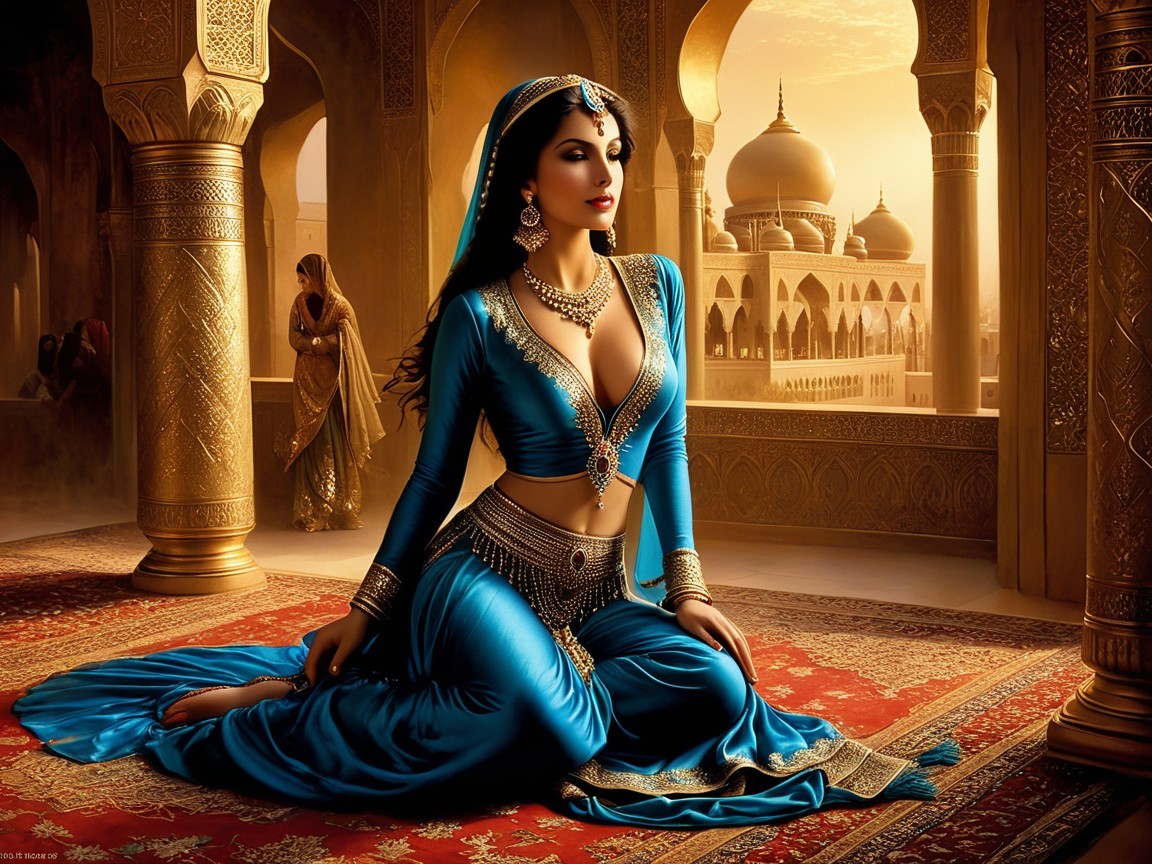 Elegant Woman in Blue Outfit with Palace Background
