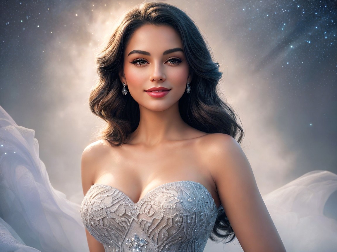 Elegant Woman in Strapless Gown with Cosmic Background