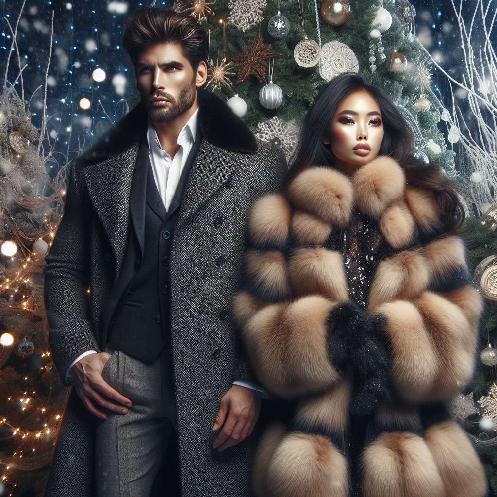 Glamorous Couple by a Decorated Christmas Tree