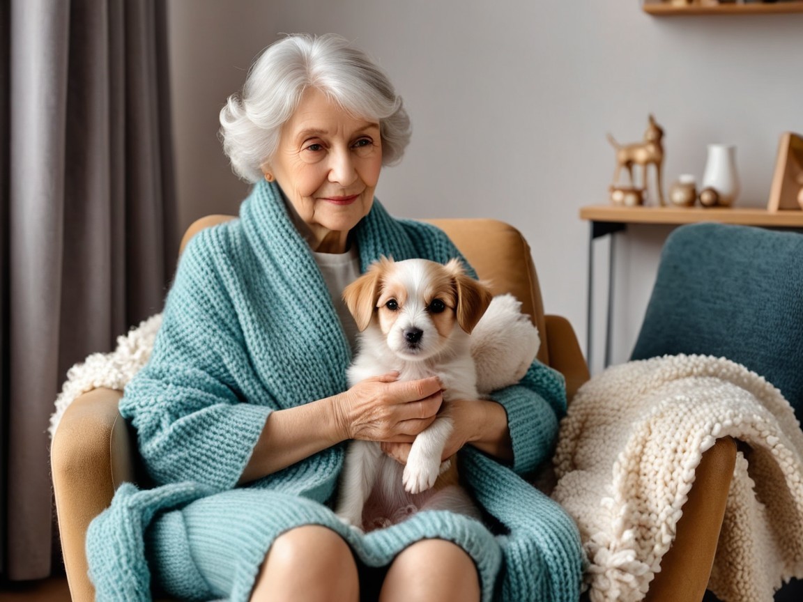 Elderly Woman in Cozy Chair with Puppy and Decor