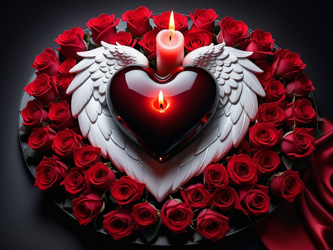 Glossy Black Heart with Wings and Red Roses Arrangement